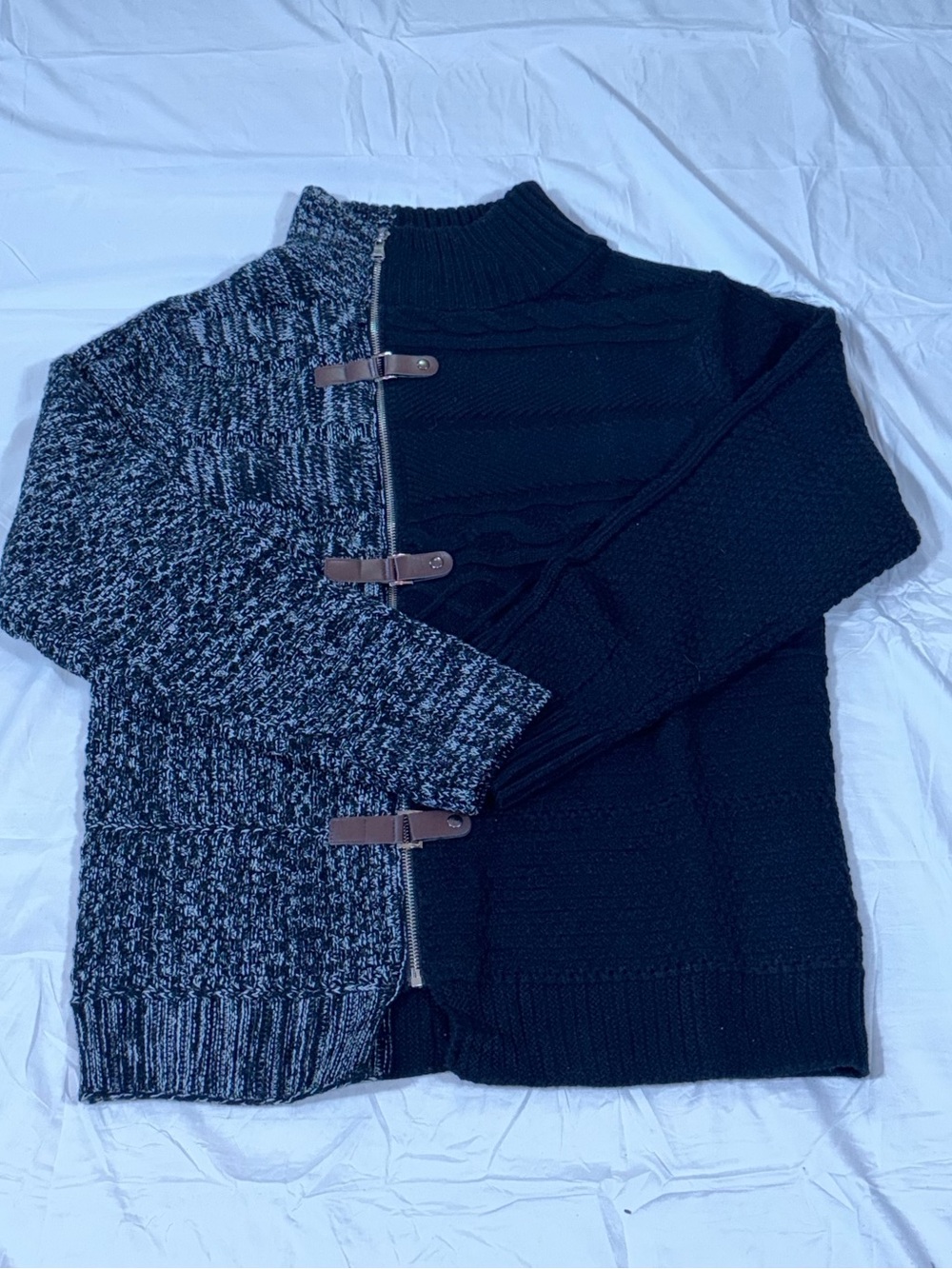 Mens Black Cable Knit Sweater Jacket Large L Asymmetric Toggle Split Cardigan Up